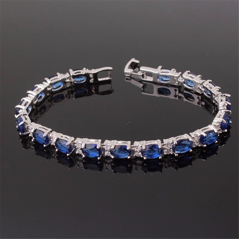 GULICX White Gold Electroplated Cubic Zirconia Blue Crystal Roman Tennis Bracelet Sapphire Color Link Chain - Image 3